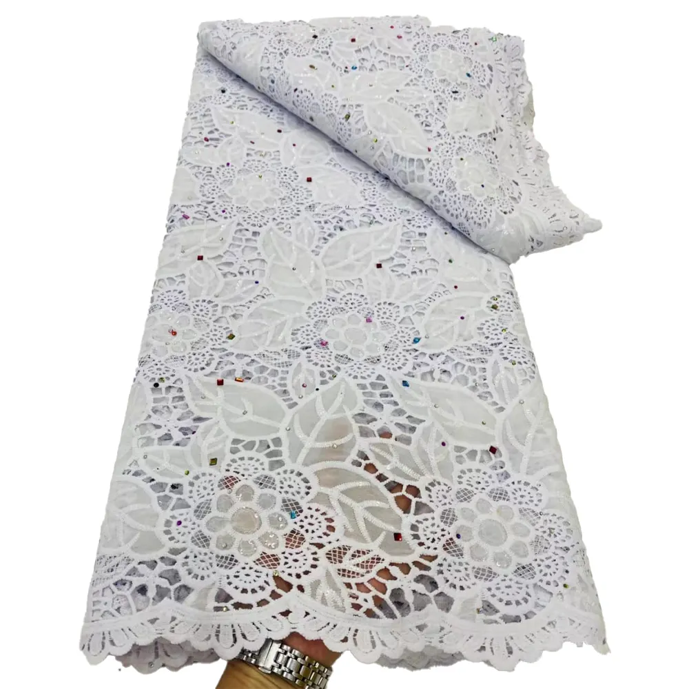 HFX dantel afrika ipek dantel kumaş 2023 yüksek kalite beyaz suda çözünür dantel kumaş nakış düğün elbisesi 5 metre