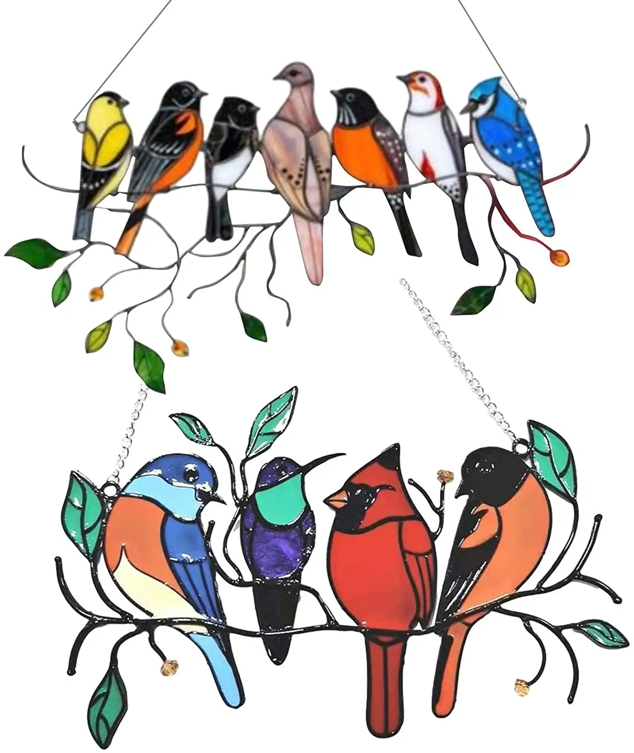 Hot Sale Multi color Birds auf einem Draht Hoch gebeizte Acryl Fenster Panel Bird Series Ornamente Anhänger Hängende Dekorationen für zu Hause