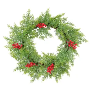 H-46 China Manufacture Hanging Artificial Green Pine and Red Fruit Rattan Wreath for Front Door Party Decor