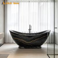 Baignoire autoportante en marbre Nero Marquina veiné or et noir, luxueuse et moderne, pour salles de bain d'hôtels et villas haut de gamme