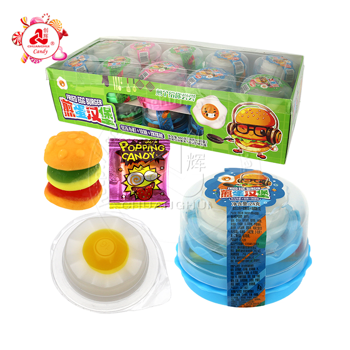 Puding jelly telur goreng + permen gummy lembut burger mini + permen popping