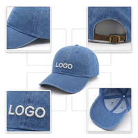 Gorra de mezclilla personalizada 2026, tela vaquera azul lavada premium, 6 paneles sin estructura, logotipo bordado 3D en relieve, correa trasera de cuero, proveedor