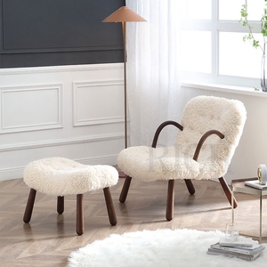 Accoudoir long <span class=keywords><strong>en</strong></span> bois <span class=keywords><strong>de</strong></span> séquoia pour femmes, <span class=keywords><strong>fauteuil</strong></span> à dossier beige <span class=keywords><strong>en</strong></span> laine d'agneau, avec tabouret, <span class=keywords><strong>fauteuil</strong></span> <span class=keywords><strong>en</strong></span> molleton et crème - Product Image 3