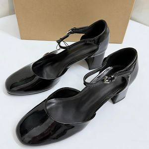 Women <b>Black</b> Patent Leather Mary Jane <b>Pumps</b> Elegant Block Mid Heel Shoes Retro Ankle Strap Dress Shoes Office Party - Product Image 2