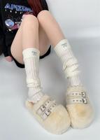 Chaussettes Tube Mi-Mollet Femme Automne Hiver en Polyester Tricoté Épais Respirant Couleur Unie avec Nœud Décontracté pour Usage Quotidien