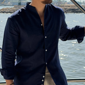 <span class=keywords><strong>Camicia</strong></span> Casual da Uomo Autunnale, Tinta Unita, Taglie Forti, <span class=keywords><strong>Marrone</strong></span> Scuro, con Colletto Rialzato, in <span class=keywords><strong>Lino</strong></span> a Maniche Lunghe - Product Image 4