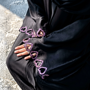 Abaya en satin noir avec applique en forme de cœur, robe longue pour femmes, manches longues, tenue de soirée formelle - Product Image 5