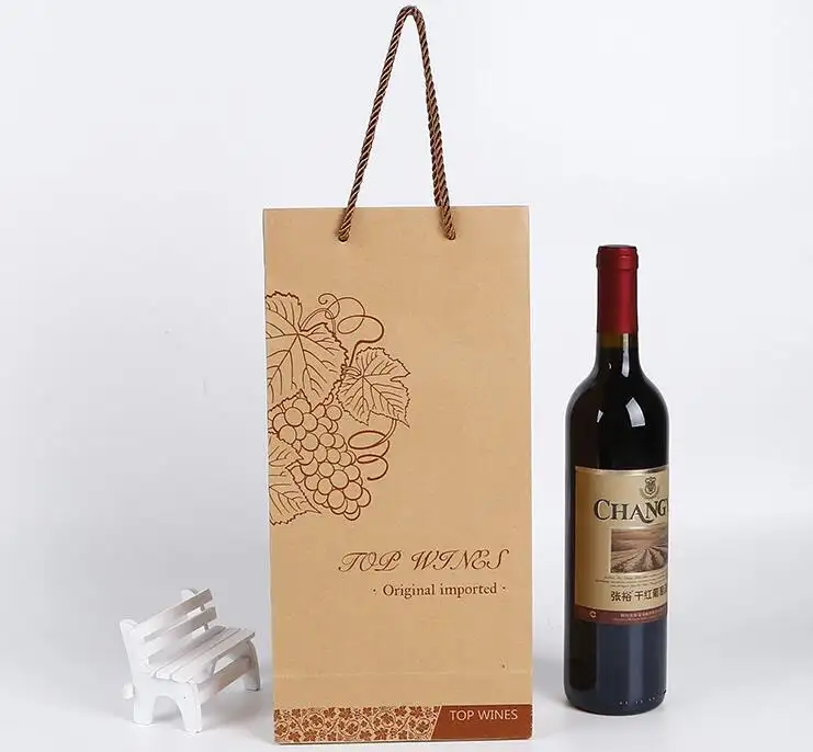 Großhandel individuell bedruckte recycelte Kraft Luxus Weinflasche Geschenkt üte Paket Einkaufstasche Trage tasche Wein Papiertüte mit Griff