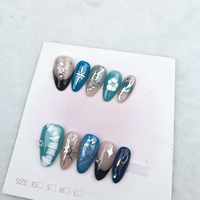 Uñas artificiales cortas estilo Océano Azul en forma de almendra de alta calidad y reutilizables