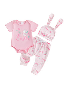 Conjunto de <span class=keywords><strong>pijama</strong></span> de 3 piezas con temática de Pascua para bebé, mono de <span class=keywords><strong>manga</strong></span> <span class=keywords><strong>corta</strong></span> con estampado de conejito de dibujos animados, pantalones largos con sombrero, ropa de dormir infantil - Product Image 5