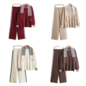 Completo in Maglia Tinta Unita Autunno Inverno 2025 per Donna, Elegante Set Tre Pezzi con Pantaloni Larghi, Sciarpa, Casual e Anti-Pilling - Product Image 1