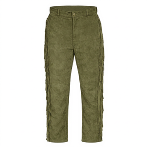 Pantalon en cuir véritable vert olive pour homme, taille haute, coupe droite, décoré de pompons, style décontracté, fermeture boutonnée, idéal pour l'automne - Product Image 1