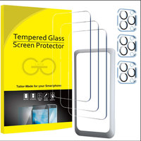Lot de 3 protections d'écran et d'objectif d'appareil photo HD 9H transparentes pour iPhone 15 16 17 Pro Max avec cadre d'installation facile
