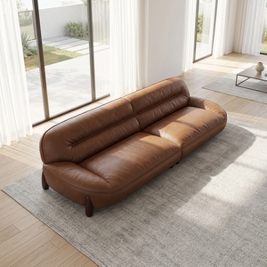 <span class=keywords><strong>Canapé</strong></span> en <span class=keywords><strong>cuir</strong></span> marron au design arrondi avec pieds en bois foncé, <span class=keywords><strong>canapé</strong></span> moderne minimaliste <span class=keywords><strong>pour</strong></span> un espace de vie confortable - Product Image 5