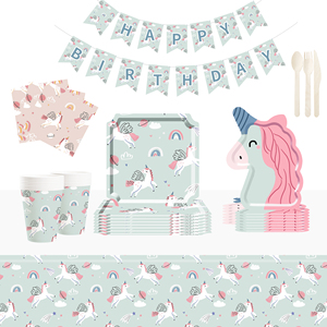 Décorations d'anniversaire licorne DAMAI comprenant des assiettes à dîner, des assiettes à dessert, des serviettes, des gobelets, une bannière et une nappe pour kit de fête licorne pour 8 personnes - Product Image 1