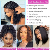 Perruques Bob Courtes Bouclées Kinky Vietnamiennes Prêtes à Porter, Perruques Lace Front en Cheveux Humains pour Femmes Noires, Perruques Lace Frontal HD en Cheveux Humains à Ondulations Profondes