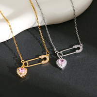 Collier de luxe léger pour femme, plaqué argent/or, avec zircon, design épingle de sûreté cœur d'amour, pendentif personnalisé, chaîne de clavicule, cadeau