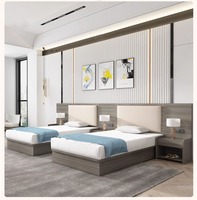 Muebles de Habitación Doble para Hotel, Diseño Vertical con Franjas Decorativas, Cabecera Suave, Cama con Almacenamiento, Mesita de Noche, Juego Completo