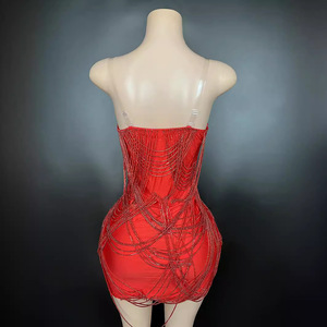 <span class=keywords><strong>Mini</strong></span> abito Sexy con frange di strass di cristallo rosso aderente da donna aderente scintillante da Cocktail corto abbigliamento da festa per spettacoli - Product Image 3