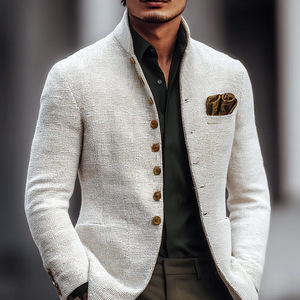 <span class=keywords><strong>Blazer</strong></span> da Uomo Bianco a Pied-de-Poule con Colletto alla Coreana - Giacca Formale Slim-Fit con Bottoni Dorati Sehe Fashion - Product Image 1