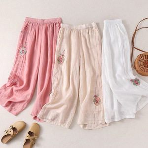 Women's <b>Elastic</b> Waist Loose Cotton Linen Wide Leg Pants With Embroidery Summer Casual Plus Size Pants In White Pink Light Beige - Product Image 1