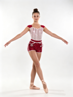 Costume de danse 2 pièces pour femmes adultes, OEM ODM, rayures rouges et blanches, paillettes, Spandex/Nylon, manches courtes, dos torsadé, short, scène