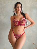 Ensemble de Lingerie Exotique Transparente à Broderie Florale, Bralette à Armatures et String