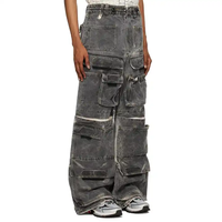 Özel % 100% pamuklu denim sprey boya bungee tarzı geçiş drawstrıngs elastik çoklu kargo cepler baggy kot