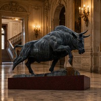 Statue de taureau en bronze sur mesure sur granit rouge - Finition mate foncée, entièrement adaptée aux spécifications, sculpture en bronze