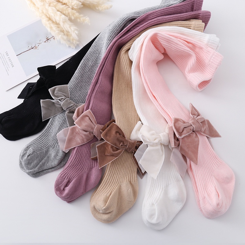 Fashion Infant Solid Color Autumn Winter Pantyhose Baby Girl Elastic Waistband Bow Tights Toddler Baby Cotton Legging