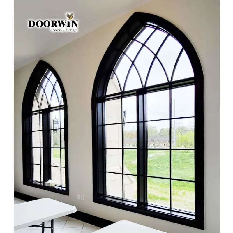 Ventanas de arco fijo de aluminio de doble acristalamiento de diseño simple, marco de cristal con patrón de apertura horizontal para uso en Villa