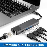 Adaptateur de concentrateur USB-C 5-en-1 avec HDTV 4K30Hz, 2 * USB-A 3.0, Gigabit Ethernet, charge PD 100W pour MacBook Pro/Air