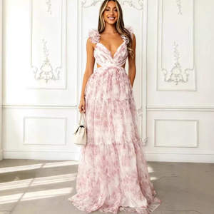 Vestido de Noche de Organza con Estampado Floral y Hombros Descubiertos, Cintura Imperio, Capa Transparente Larga, Vestido de Moda para Mujer - Product Image 4
