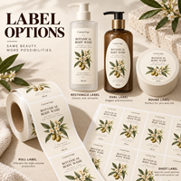 Étiquette personnalisée en papier texturé avec motifs botaniques imprimés pour emballage de produits de soin personnel, flacon de gel douche