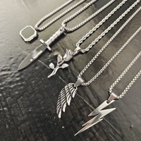 Collier pendentif VAF 24 pouces en acier inoxydable 316L, collection argentée, motifs poignard, éclair, ailes, rose de la boussole, fleur