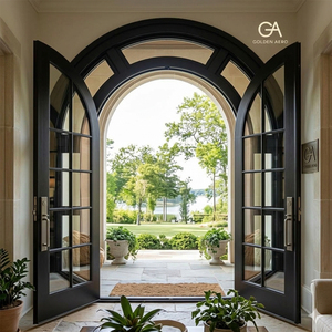 Porte d'entrée principale française GA-36G au design moderne et courbé, en bois massif avec panneau latéral en verre - Product Image 2