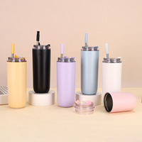Gobelet isotherme à double paroi en acier inoxydable 304, couleur unie, avec paille, anti-fuite, sans BPA, portable pour voiture et extérieur, avec couvercle rabattable