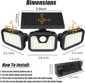 PIR Bewegungs sensor Solar Flutlichter IP65 Wasserdicht 3 Köpfe 3 Modi 74Led Garten lampe Solar Wand leuchte Sicherheits lampe - Product Image 4