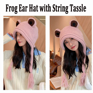Bonnet d'<span class=keywords><strong>hiver</strong></span> pour <span class=keywords><strong>femme</strong></span> en 100% coton, bonnet en tricot doux avec oreilles de grenouille, avec cordon, non extensible, tissu commun - Product Image 3