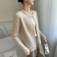 Cardigan en cachemire pour femme à col rond, tricot torsadé, boutons métalliques, coupe décontractée et ample, pull-over tricoté
