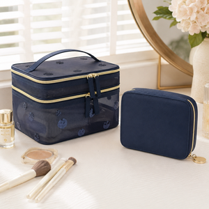 Navy Satin Travel <b>Makeup</b> Organizer <b>Case</b> with Elastic Brush Slots and Snap-Closure Interior Pocket for Cosmetics and Beauty Tools - Product Image 5