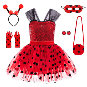 <span class=keywords><strong>Vestito</strong></span> Tutu Coccinella per Bambine, Top Rosso con Paillettes, Gonna in Tulle a Pois Neri, Costume per Festa di Halloween con Fiocco e Spalline - Product Image 1