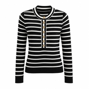 Classic Striped Knitted Eco-Friendly Vintage <b>Cardigan</b> Women Lantern Sleeve Crew Neck <b>Lace</b> Front Elegant Top Regular Fit Autumn - Product Image 2