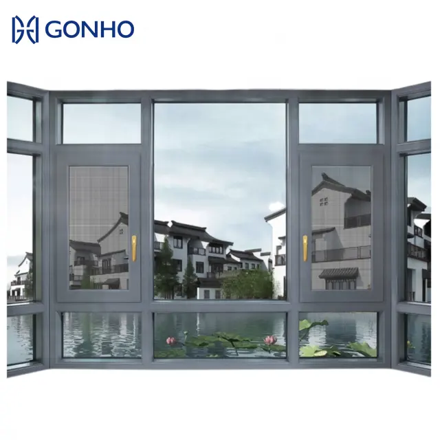 GONHO standard luxury double tempered glazing windproof high quality aluminum glass security window in foshan