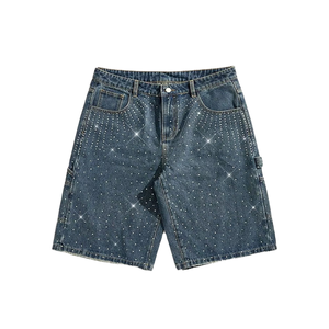 Men's Denim Bermuda Shorts Mid Waist Sequined Dot Pattern Casual Button Fly Woven Fabric - Product Image 1
