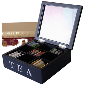Boîte à thé en bois multi-usages à 9 compartiments, boîte de rangement pour sachets de thé, style campagnard carré avec couvercle, boîte cadeau - Product Image 1