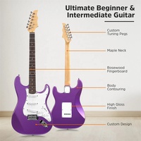 Huasheng Kit Gitar Listrik 39 Inci, Instrumen Musik Pemula Ukuran Penuh dengan Amplifier 25 Watt Ungu Metalik