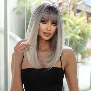 Perruque pour femme, best-seller en gros, <span class=keywords><strong>cheveux</strong></span> raides, <span class=keywords><strong>frange</strong></span> droite, dégradé gris-blanc, <span class=keywords><strong>mi</strong></span>-longue, tendance, personnalité - Product Image 5