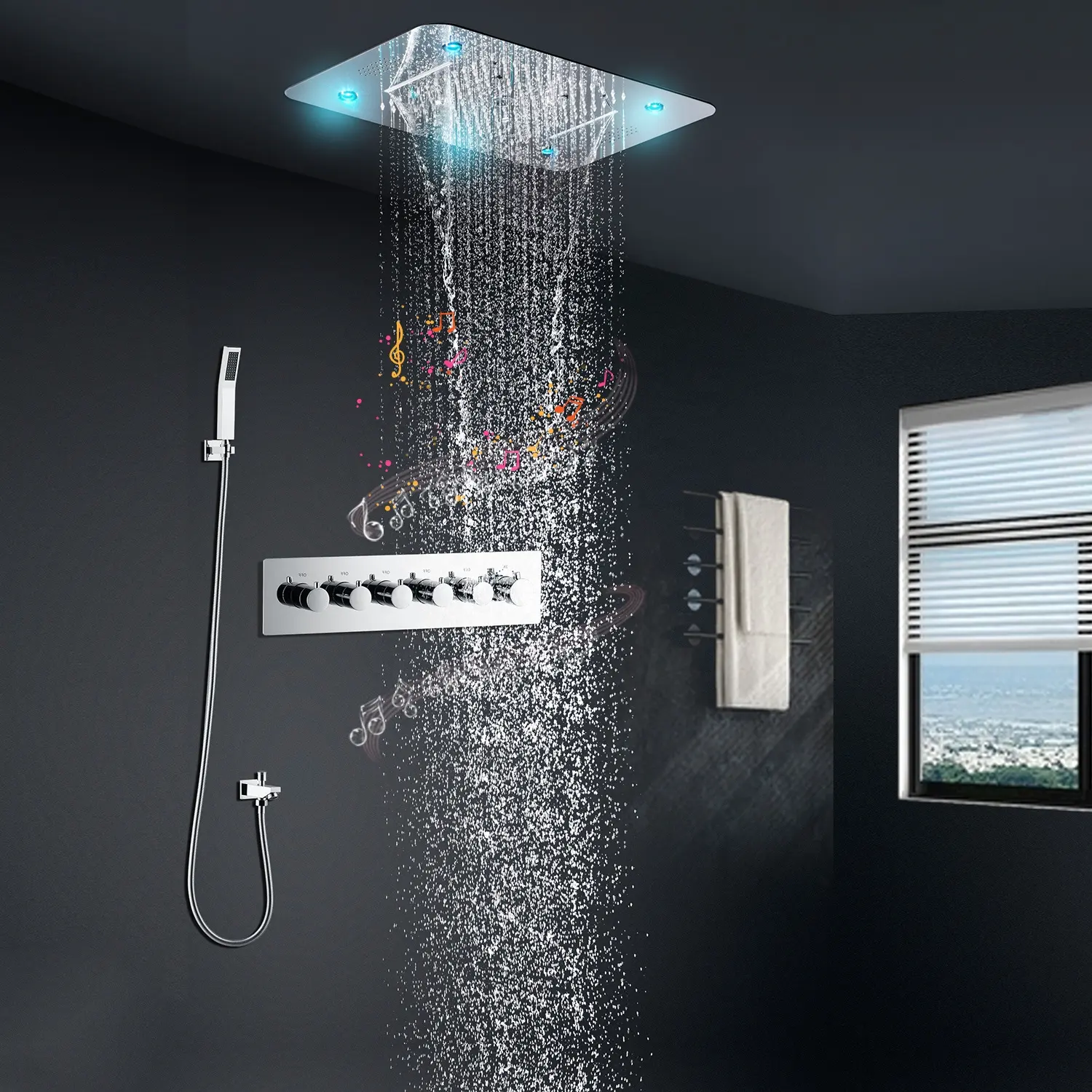 580*380 MM plafond LED Musique douche en acier inoxydable famille hôtel de luxe salle de bains pluie brouillard d'eau colonne cascade spa douche