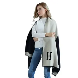 Autumn and winter jacquard double-sided H letter pashmina scarf for women's senior sense of thick warm shawl